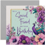Special Friend Birthday Card, Beautiful Peacock and Floral Design, Square Card, Blank Inside with Envelope