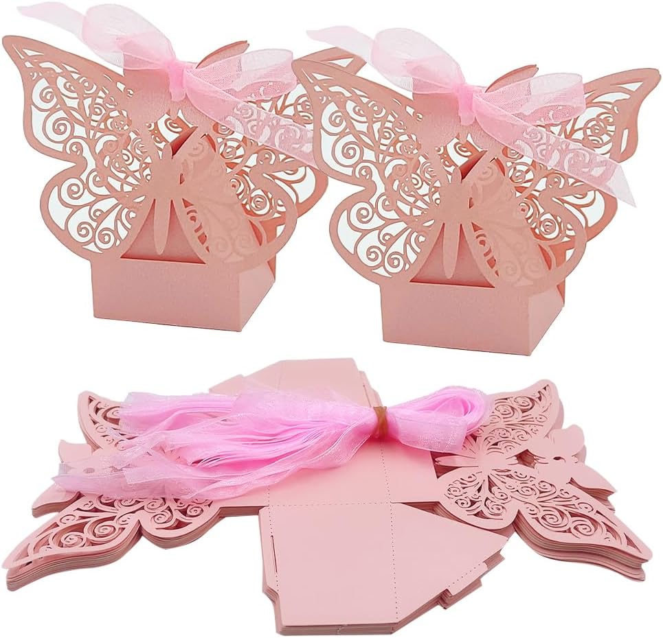 61NQd+kT-2L._AC_SL1000_ 25 pieces Pink Folding Gift Box,wedding favour boxes,candy treat box,Creative Gift Box,with ribbon,for wedding, birthday, crafting(4.4 * 4.4 * 5.5 cm) - Image 1