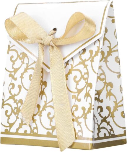 50pcs Wedding Favour Candy Boxes Party Treat Sweet Packaging Gift Boxes with Ribbon Small Treats Bags Creative Gift Bags for Wedding Baby Shower Birthday Christmas Party Favor Supplies
