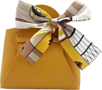 20 Pieces PU Leather Gift Bags with Satin Ribbon,Reusable Gift Boxes for Weddings,Birthday,Baby Showers,Candy(Light Yellow)