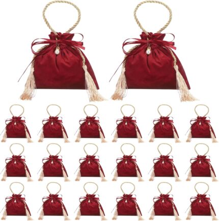Velvet Drawstring Bags, (6.3 x 6.7 Inch, Dark Red/Yellow) (20 Pcs), Flannel Jewelry Bags with Pearl and Tassel Mini Candy Packaging Storage Pouches, Suit for - Wedding/Favor/Party